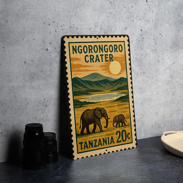 A metal sign with a vintage design, featuring an illustration of elephants and a landscape with mountains, placed on a table next to some black camera lenses.