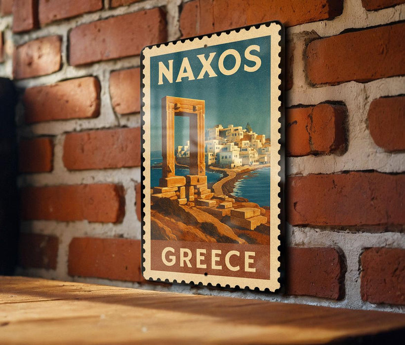 A vintage postage stamp depicting the Greek island of Naxos, with the text "NAXOS GREECE" prominently displayed.