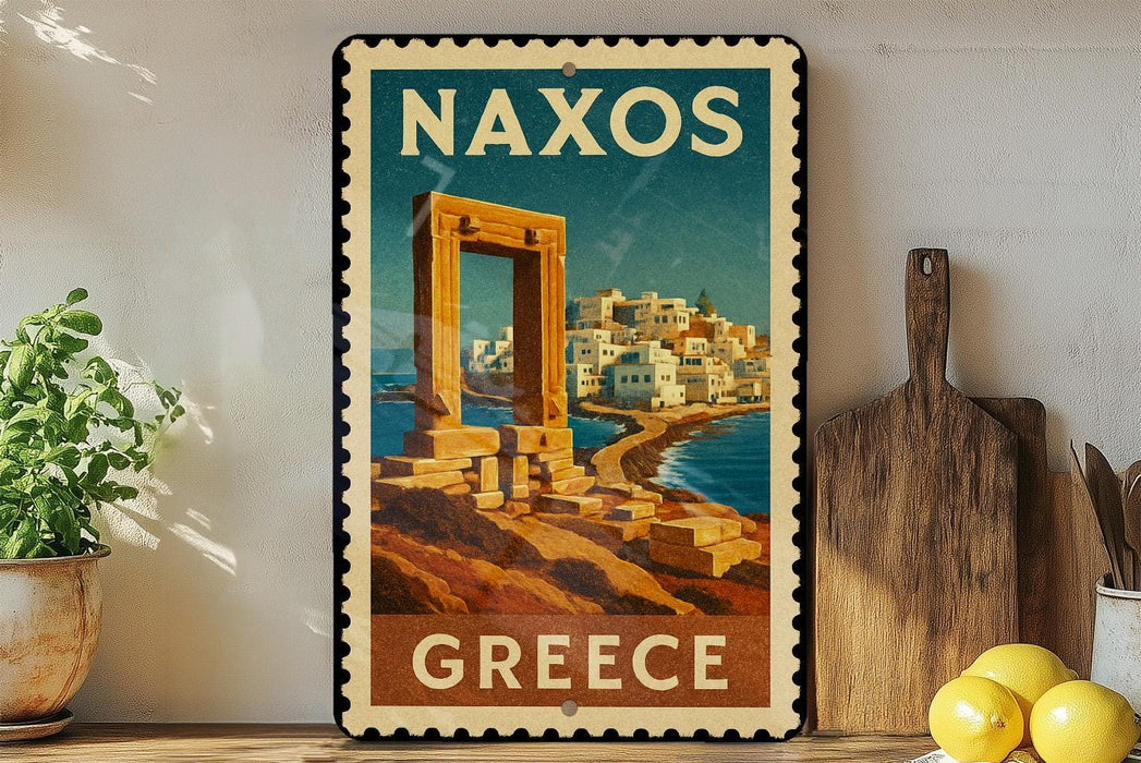 A vintage-style metal sign with the text "NAXOS GREECE" displayed prominently, featuring an illustration of a Greek island with a temple or monument in the background.