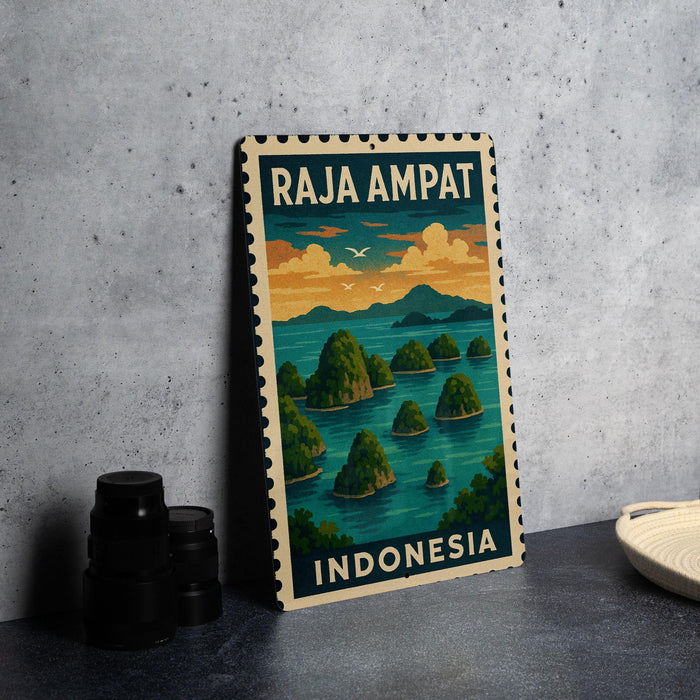 A vintage-style metal sign with the text "RAJA AMPAT INDONESIA" and an illustration of islands and a sunset over the ocean.