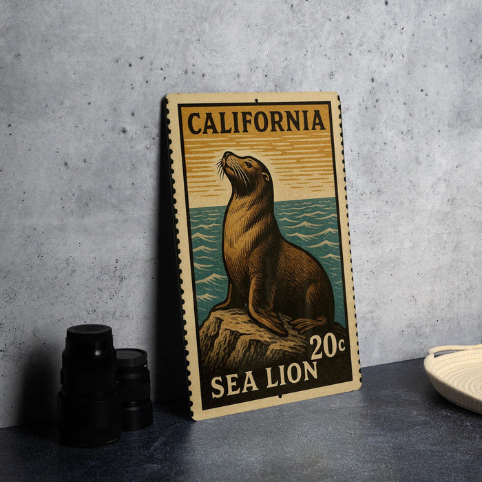 A California postage stamp featuring a sea lion sitting on a rock, with the text "SEA LION" and "20¢" printed on it.