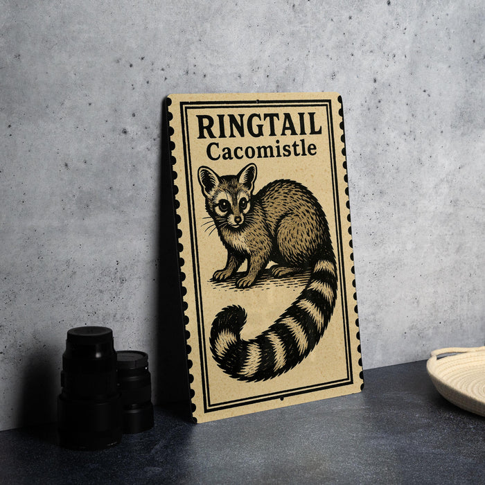 a framed illustration of a ringtail cat, a type of small feline, on a wooden surface.