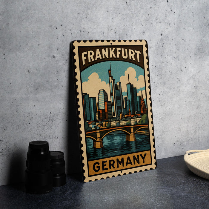 A metal sign with a cityscape of Frankfurt, Germany, featuring the city's iconic landmarks such as the Brandenburg Gate and the Spree River.