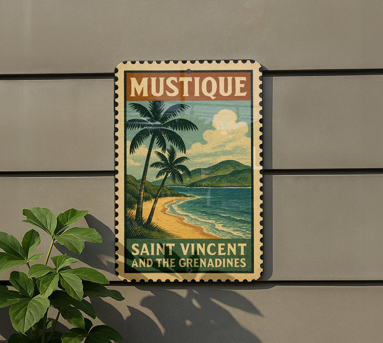 A vintage-style poster of Saint Vincent and the Grenadines, featuring palm trees and a beach scene, is displayed on a wall.