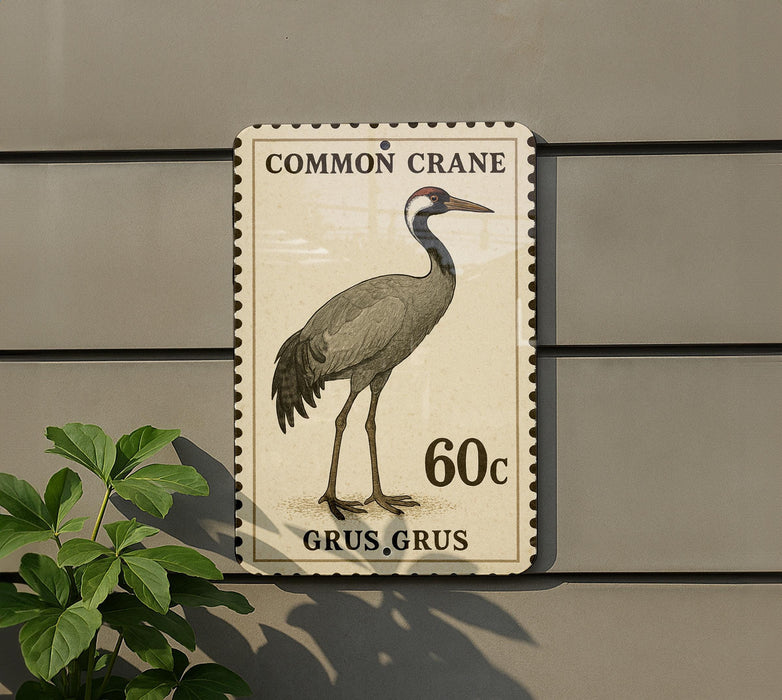 a postage stamp-like sign with a picture of a crane, mounted on a wall.
