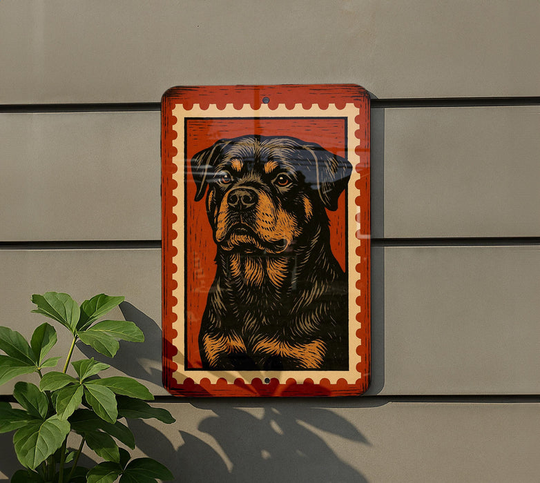 a large, detailed illustration of a dog, possibly a Rottweiler, mounted on a wall.
