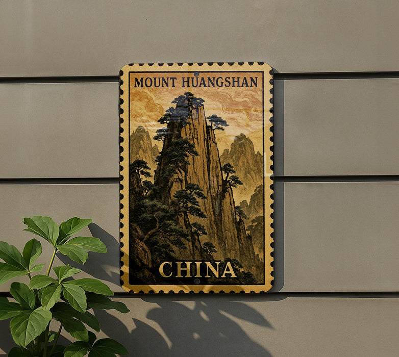 Mount Huangshan, a famous landmark in China, is depicted on a wooden plaque with a mountain landscape and trees.