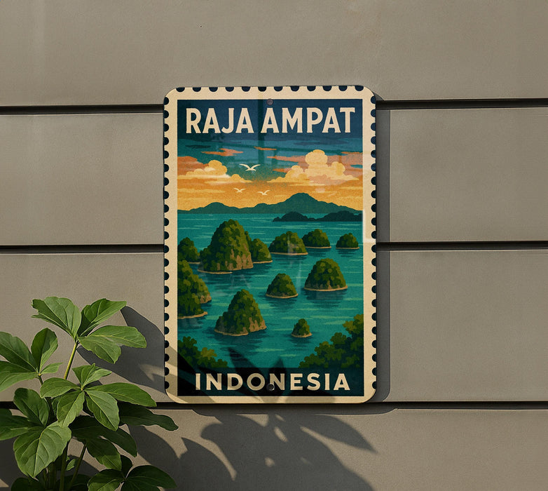 A vintage-style poster of Raja Ampat, a tropical island in Indonesia, is displayed on a wall next to a plant.