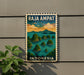 A vintage-style poster of Raja Ampat, a tropical island in Indonesia, is displayed on a wall next to a plant.