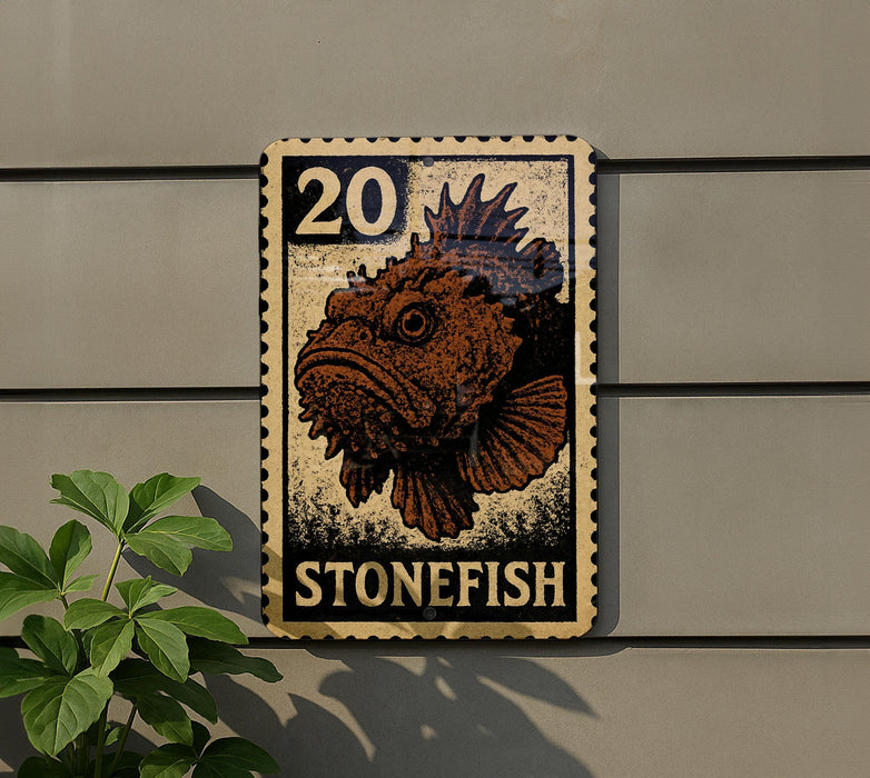 A vintage-style stamp featuring a stonefish is displayed on a wall, with a plant to the left.