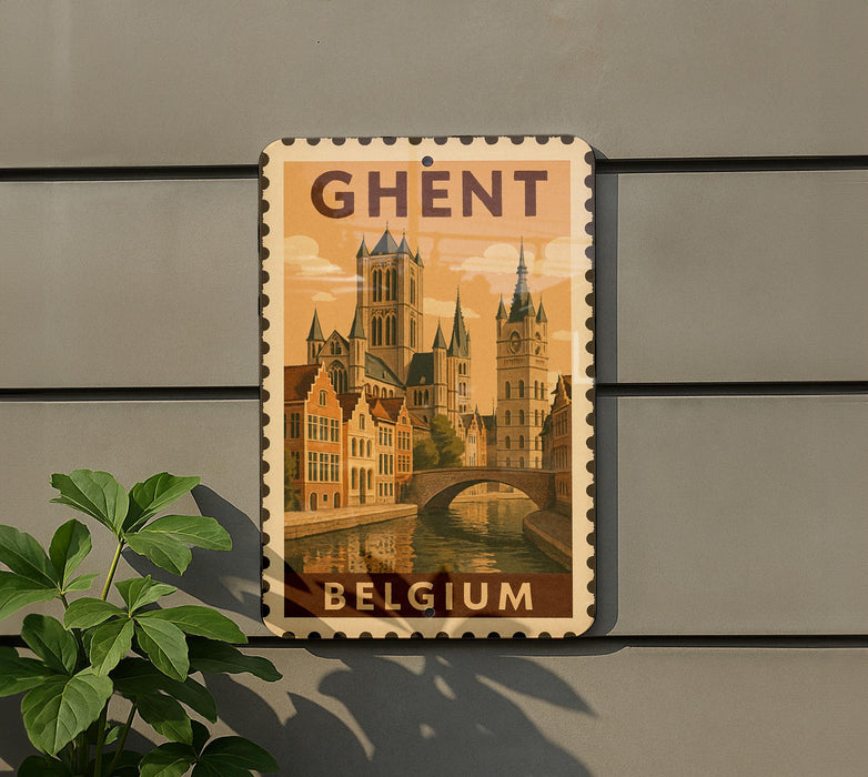 A vintage-style postage stamp depicting the city of Ghent, Belgium, with a canal and historic buildings in the background.