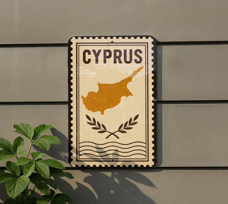 a sign with the word "CYPRUS" on it, along with a map of the island of Cyprus.