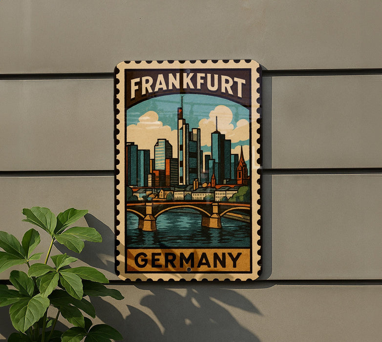A framed poster of the city of Frankfurt, Germany, featuring a colorful illustration of the cityscape and a bridge.