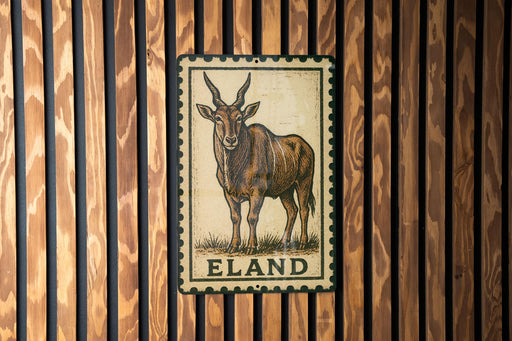 a metal sign with an illustration of a horned animal, likely a gazelle or similar species, mounted on a wooden wall.