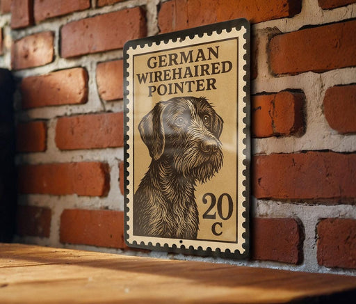 A German Wirehaired Pointer dog is depicted on a postage stamp-like sign, mounted on a brick wall.