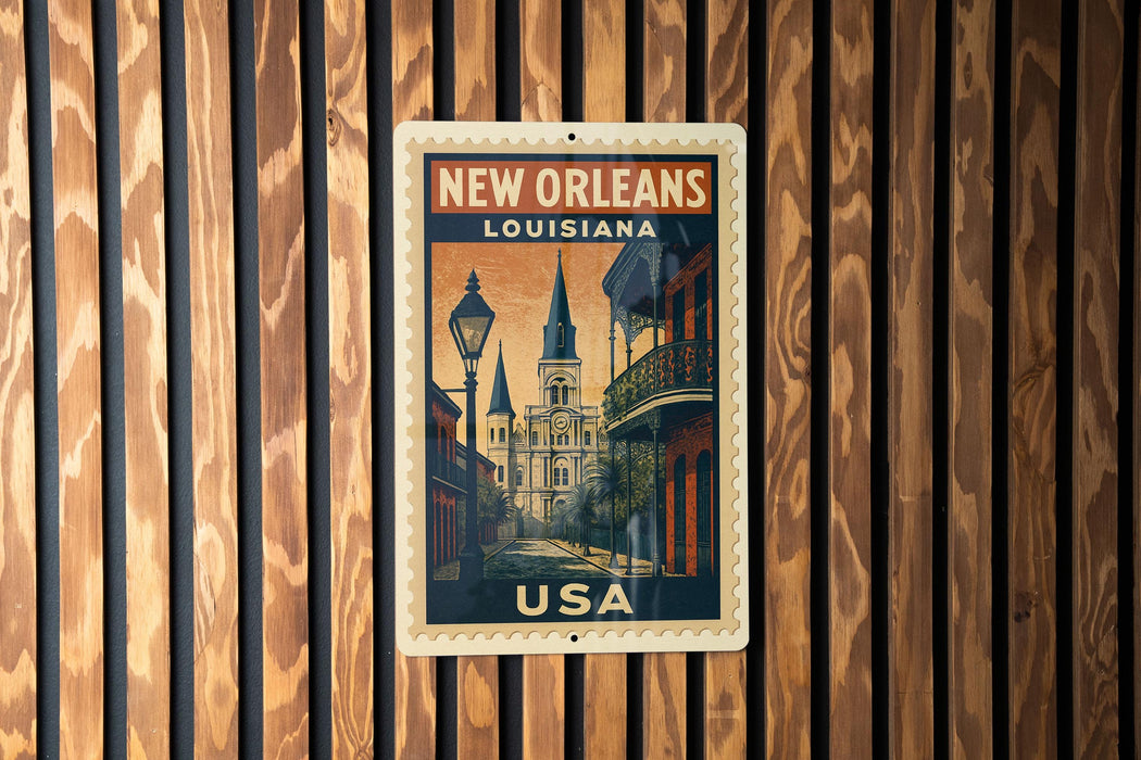A vintage-style postage stamp from New Orleans, Louisiana, featuring an illustration of the city's architecture and landmarks.