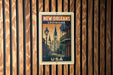 A vintage-style postage stamp from New Orleans, Louisiana, featuring an illustration of the city's architecture and landmarks.