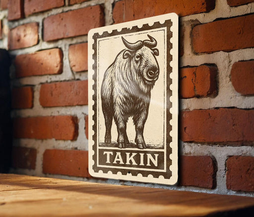 a wooden table with a metal sign featuring a drawing of a bison or buffalo, mounted on a brick wall.
