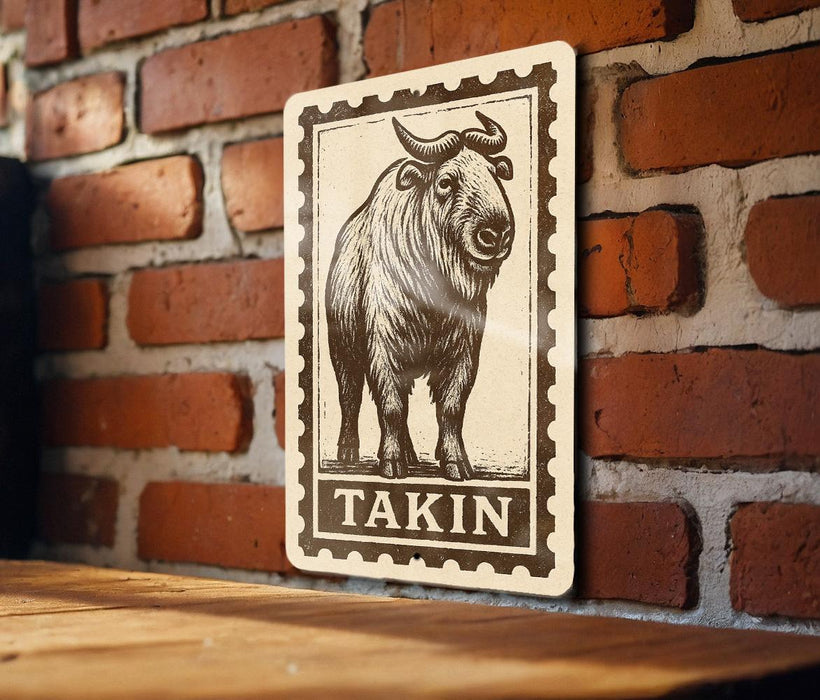 a wooden table with a metal sign featuring a drawing of a bison or buffalo, mounted on a brick wall.