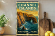 A vintage-style poster of the Channel Islands National Park in the United States, featuring a scenic coastal landscape with cliffs, water, and a sunset sky.