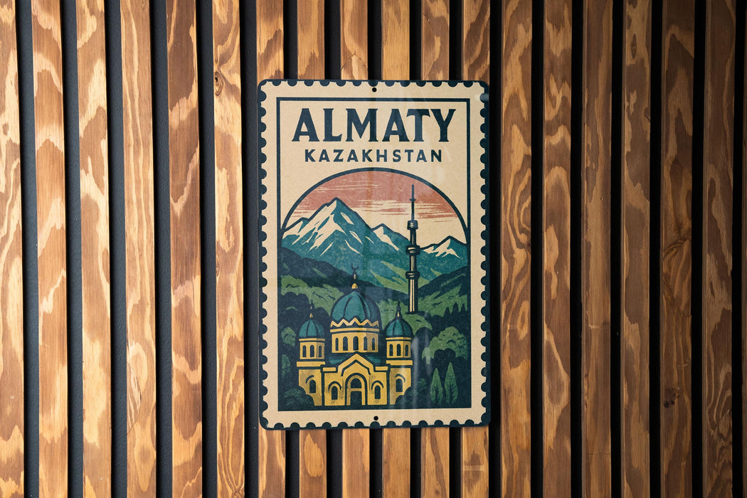 A vintage-style metal sign with the text "ALMATY KAZAKHSTAN" and an illustration of a building with a dome, set against a mountainous landscape.