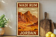 A vintage-style metal sign with the text "Wadi Rum Jordan" displayed prominently, featuring a desert landscape with mountains and a cloudy sky. The sign is mounted on a wall, and there are some potted plants and kitchen utensils visible in the foreground.