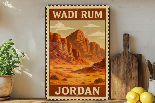 A vintage-style metal sign with the text "Wadi Rum Jordan" displayed prominently, featuring a desert landscape with mountains and a cloudy sky. The sign is mounted on a wall, and there are some potted plants and kitchen utensils visible in the foreground.