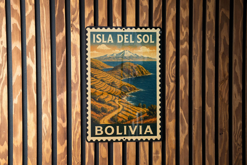 A vintage-style metal sign with the text "ISLA DEL SOL BOLIVIA" displayed on a wooden wall.