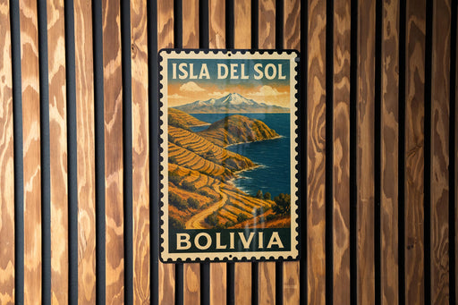 A vintage-style metal sign with the text "ISLA DEL SOL BOLIVIA" displayed on a wooden wall.