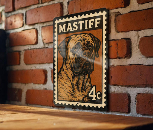 A metal sign featuring a dog illustration and the text "MASTIFF" is displayed on a brick wall.