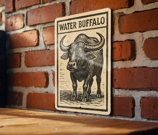 A sign with the word "WATER" and an illustration of a buffalo is mounted on a brick wall.
