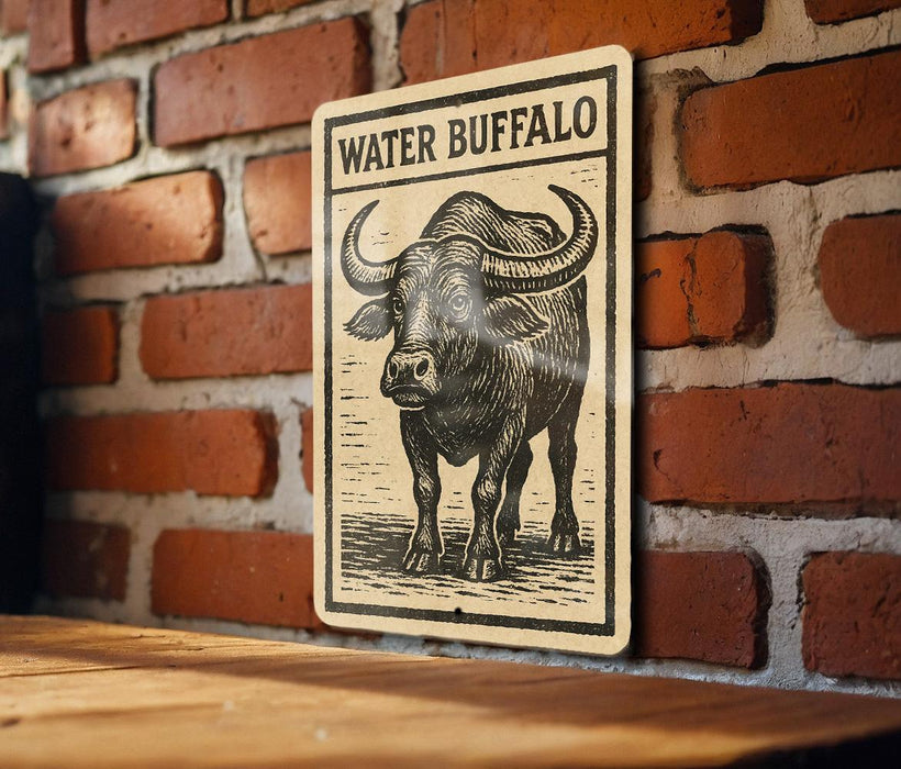 A sign with the word "WATER" and an illustration of a buffalo is mounted on a brick wall.