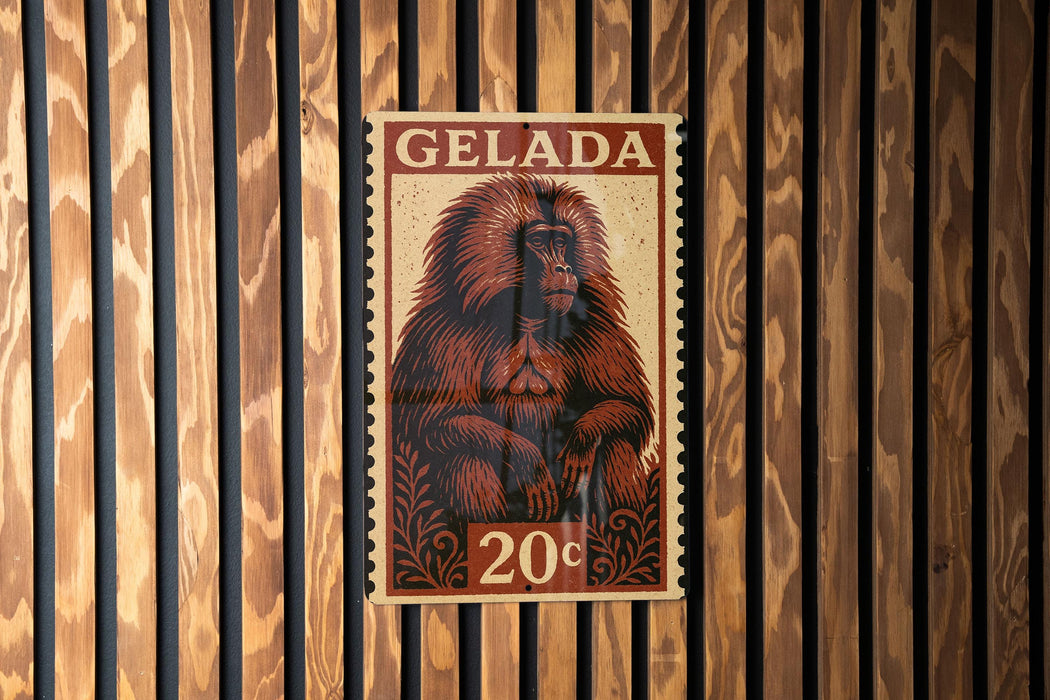 A postage stamp featuring a monkey is displayed on a wooden wall.