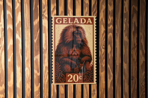 A postage stamp featuring a monkey is displayed on a wooden wall.