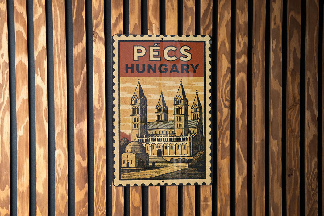 A vintage-style metal sign with the text "PÉCS HUNGARY" displayed prominently in the center, featuring an illustration of a cathedral or church.