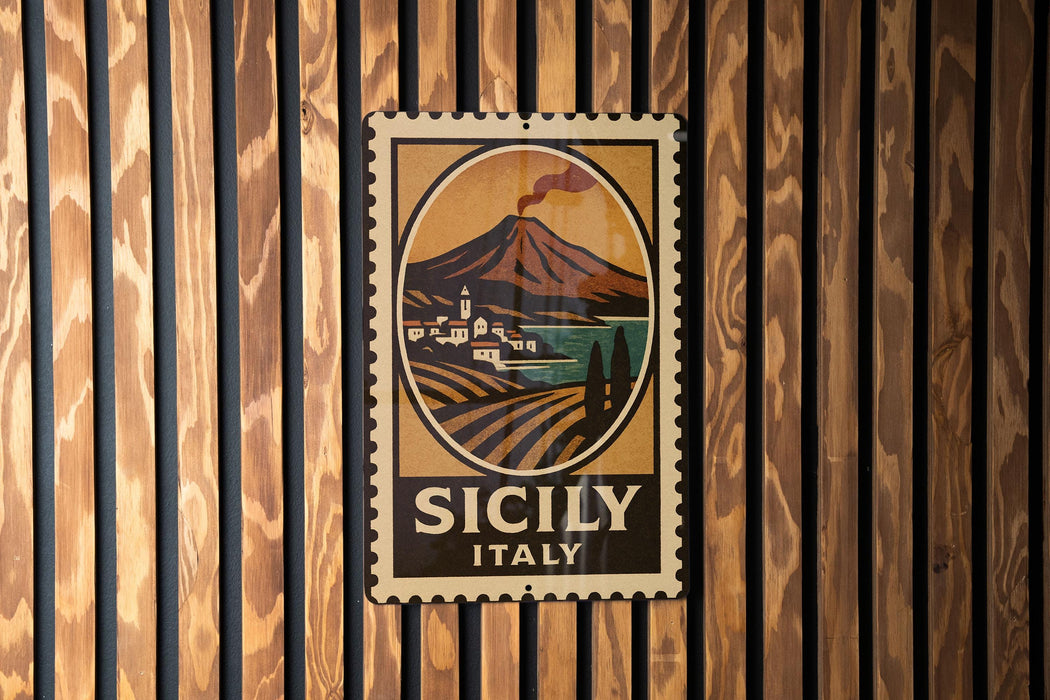 A vintage-style metal sign with a landscape and a mountain, mounted on a wooden wall.