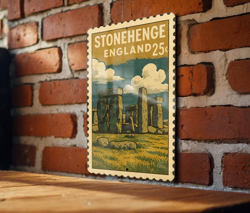 A vintage-style stamp depicting Stonehenge, a famous monument in England, is displayed on a brick wall.