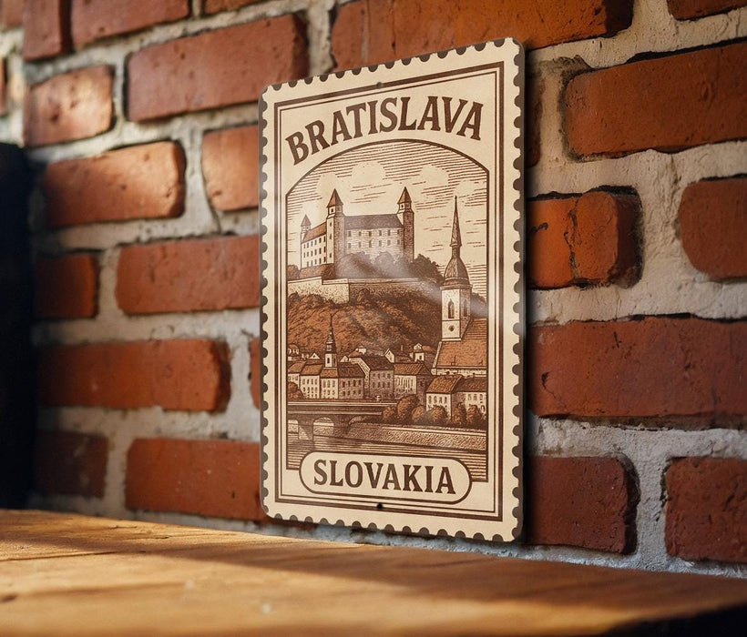 A wooden surface with a framed illustration of a castle and buildings, mounted on a brick wall.