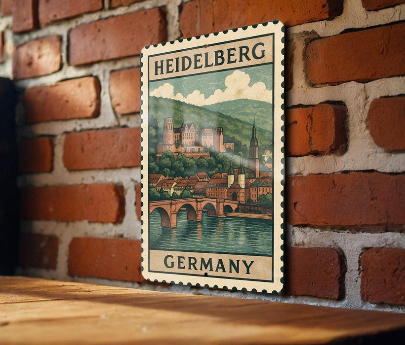 A vintage-style metal stamp depicting the Heidelberg Castle in Germany, with a bridge and river in the background.