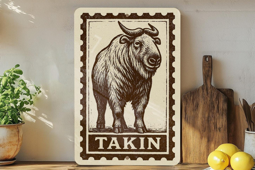 a wooden sign with a picture of a buffalo, which is labeled "Takin". The sign is placed on a shelf next to a potted plant and a wooden cutting board.