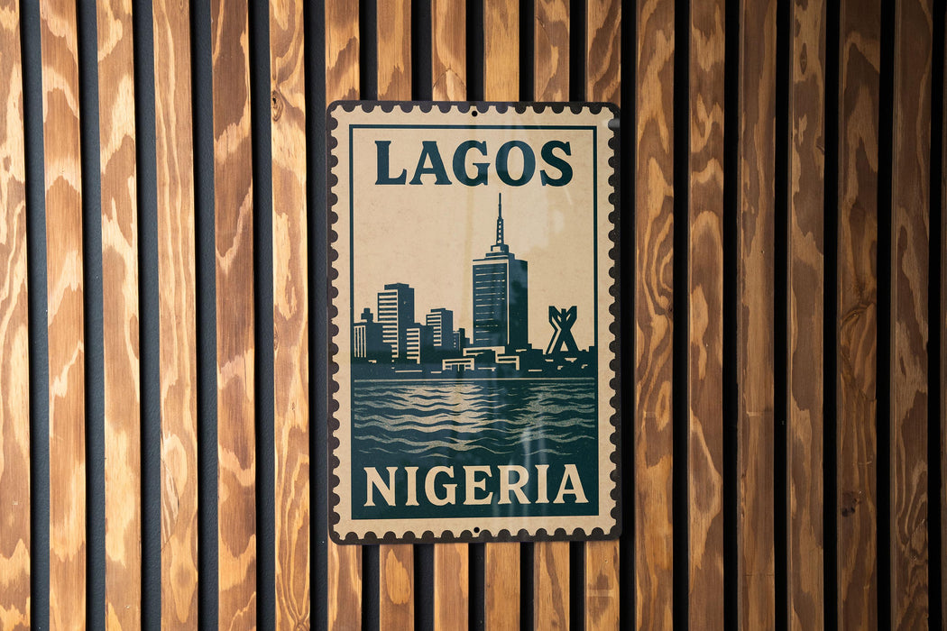 A vintage postage stamp featuring the cityscape of Lagos, Nigeria, with the text "LAGOS NIGERIA" prominently displayed.
