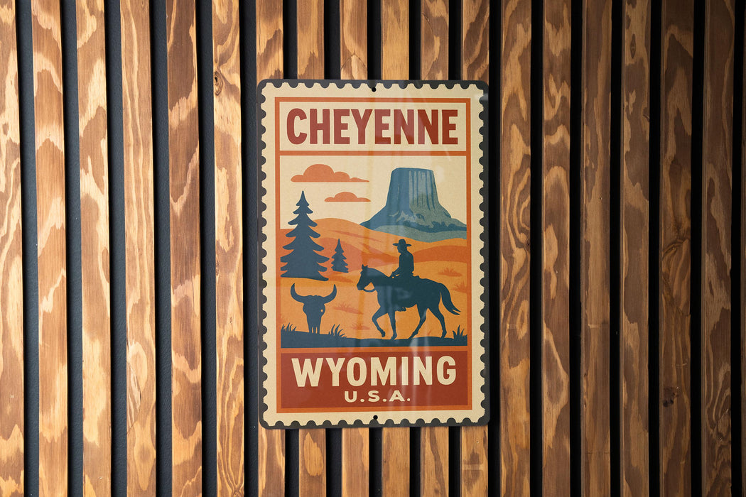 A vintage-style poster of Cheyenne, Wyoming, featuring a cowboy on horseback and a mountain in the background.