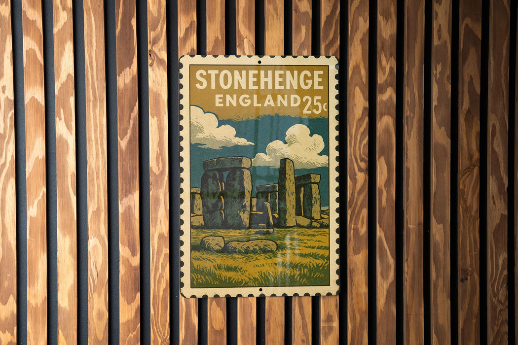 A vintage-style postage stamp depicting Stonehenge, a famous monument in England, is displayed on a wooden wall.