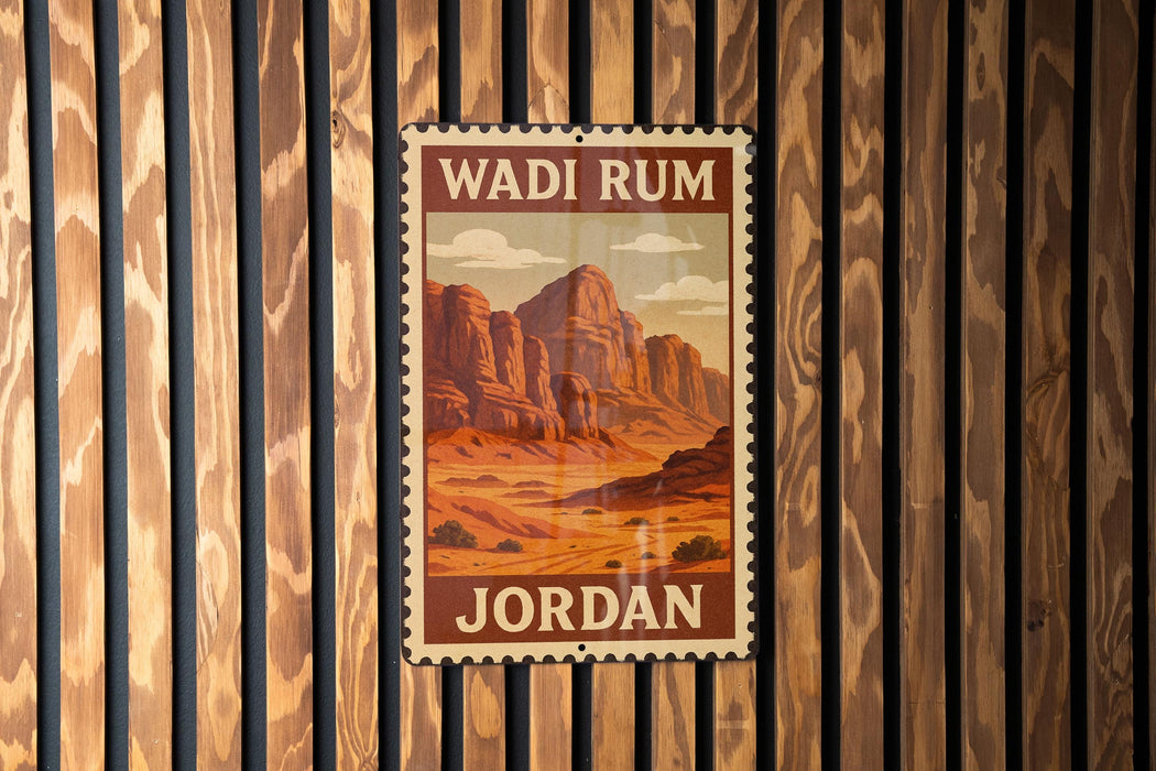 A vintage-style poster of Wadi Rum, a famous landmark in Jordan, is displayed on a wooden wall.