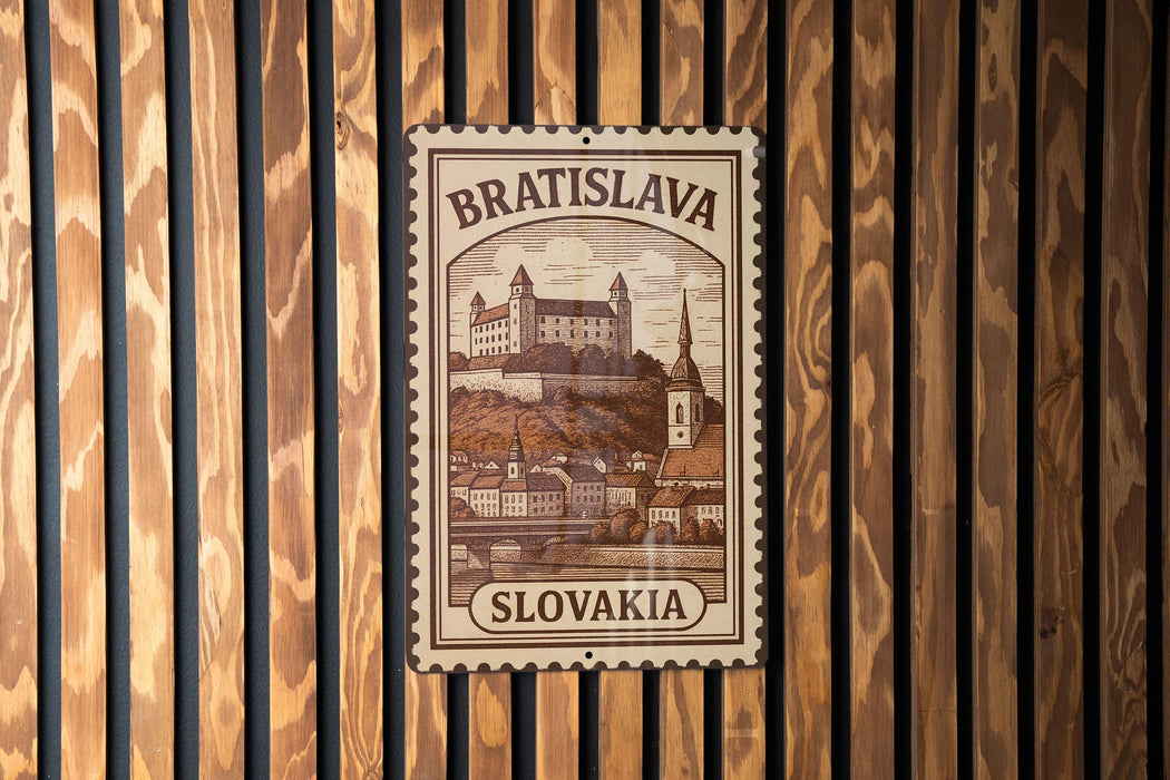 A metal sign with the text "BRATISLAVA SLOVAKIA" and an illustration of a castle or palace, mounted on a wooden wall.
