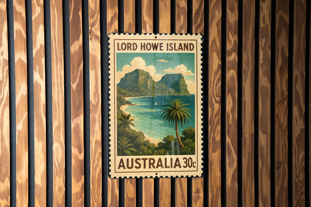 A vintage-style postage stamp from Lord Howe Island, Australia, featuring a tropical beach scene with palm trees and mountains in the background.