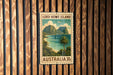 A vintage-style postage stamp from Lord Howe Island, Australia, featuring a tropical beach scene with palm trees and mountains in the background.