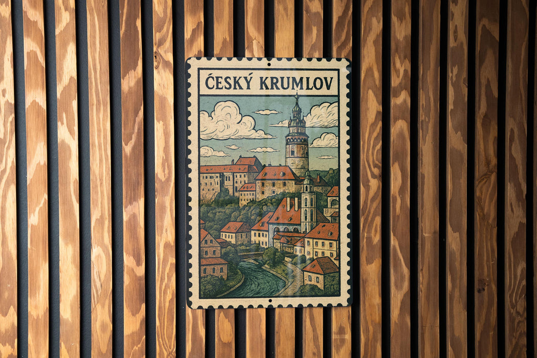 A vintage-style poster depicting a town with a church and a castle, hanging on a wooden wall.