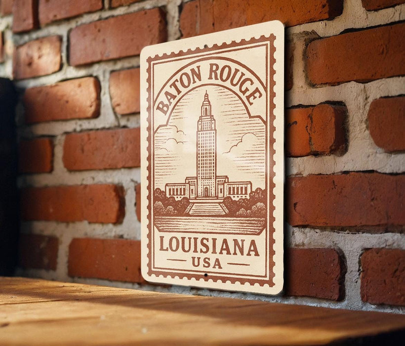 A metal sign with the text "Baton Rouge" and "Louisiana USA" is displayed on a brick wall.