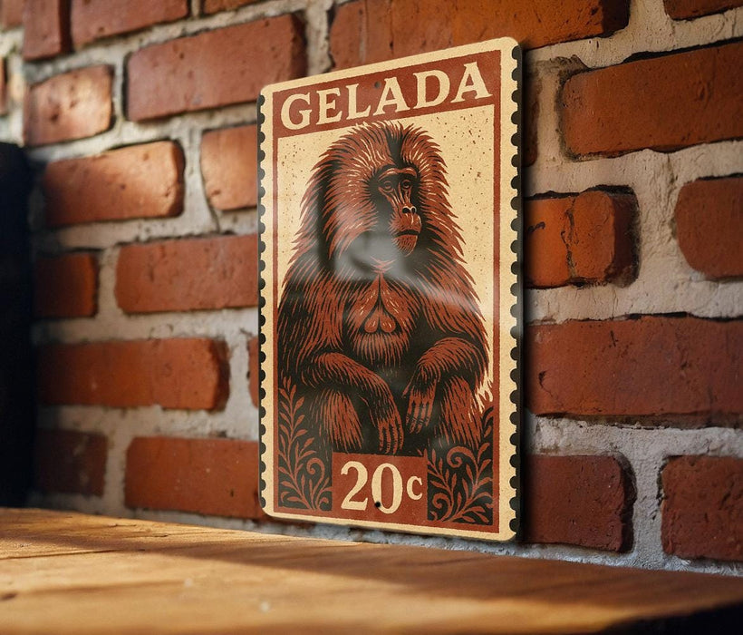A wooden table with a wooden surface, and a framed poster of a monkey on the wall.